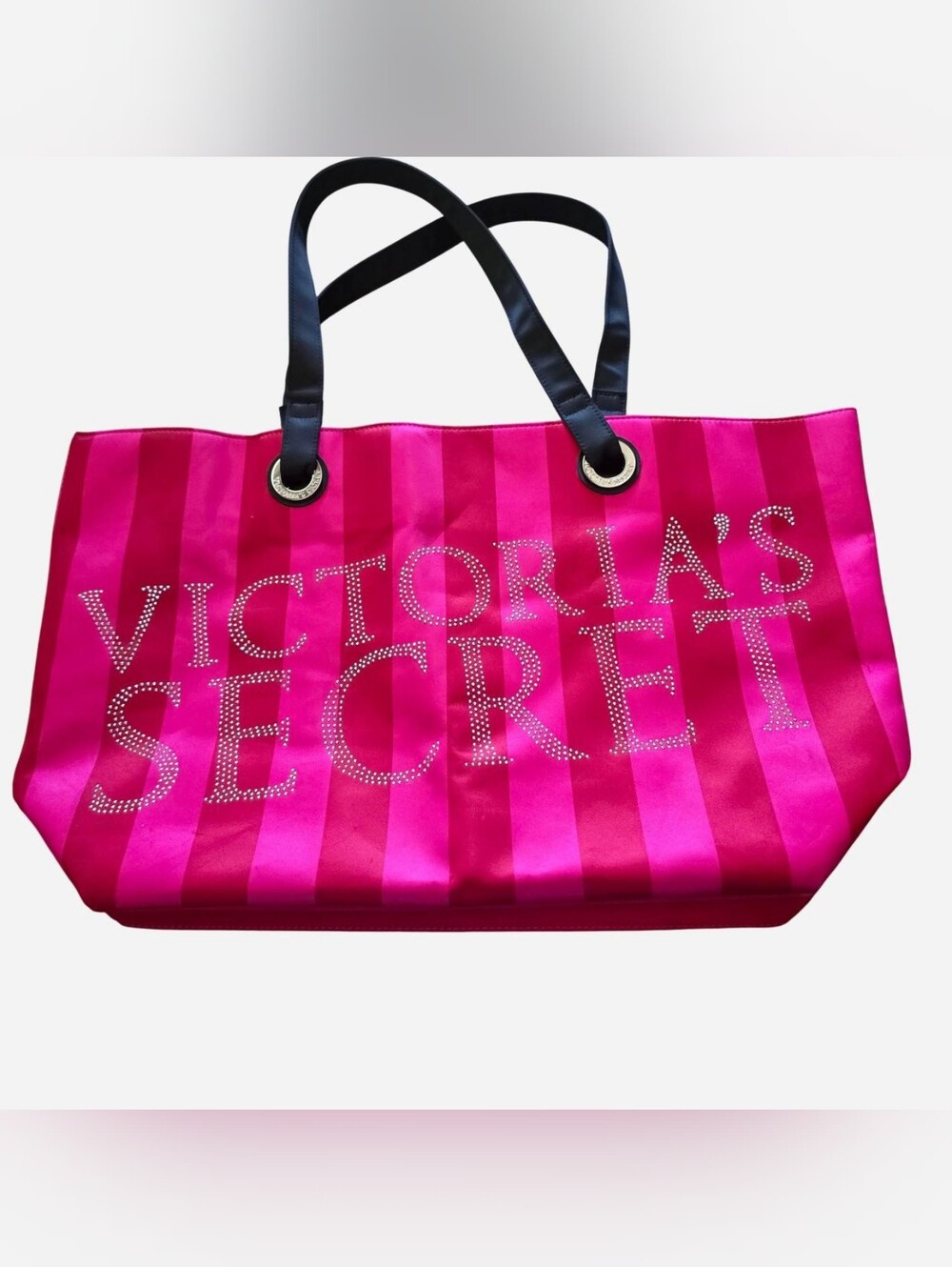 Victoria's Secret Pink Striped Logo Tote with Black Handles